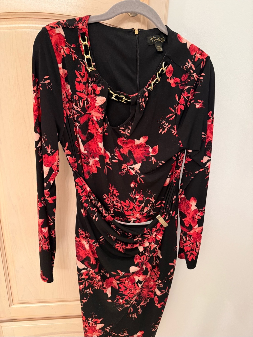 Thalia Sodi Black Dress with Red Floral Print and Gold Chain Detail
